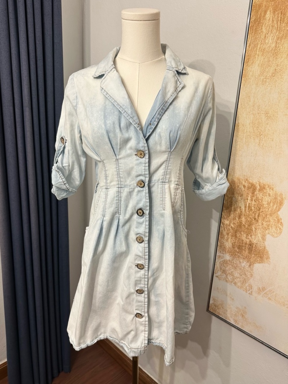 Light Wash Button-Front Denim Shirt Dress